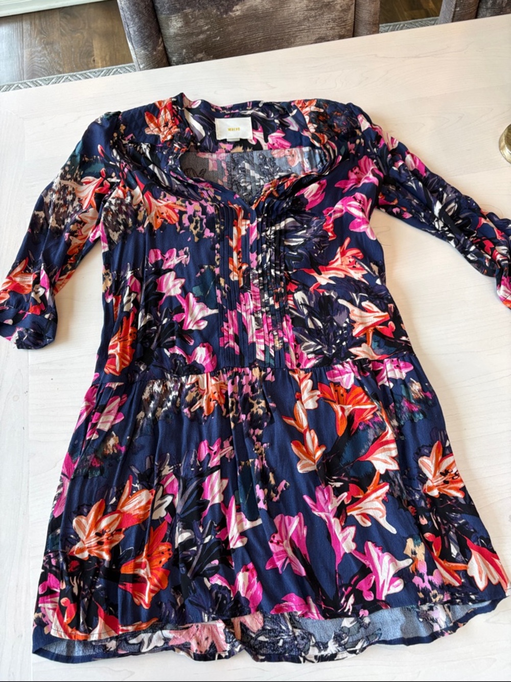 Anthropologie Navy Floral Mini Dress with Pink & Orange Blooms